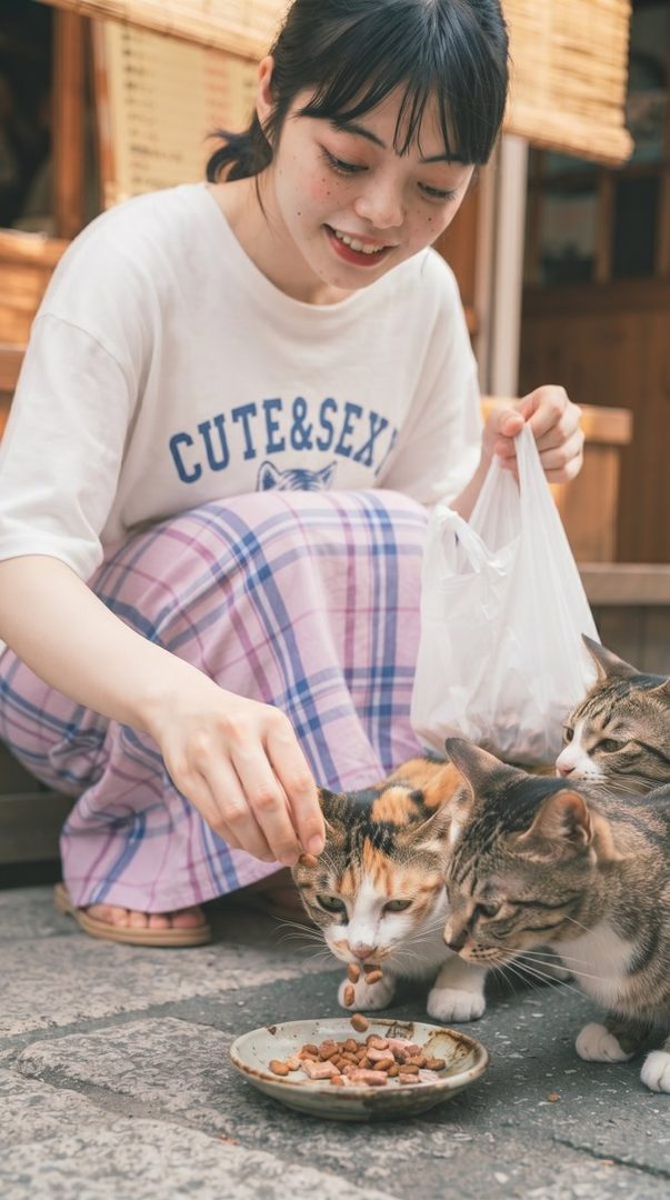 A young East Asian woman with freckles and black hair tied in a ponytail, wearing a white t-shirt and plaid skirt, crouches down to feed several cats from a bowl.