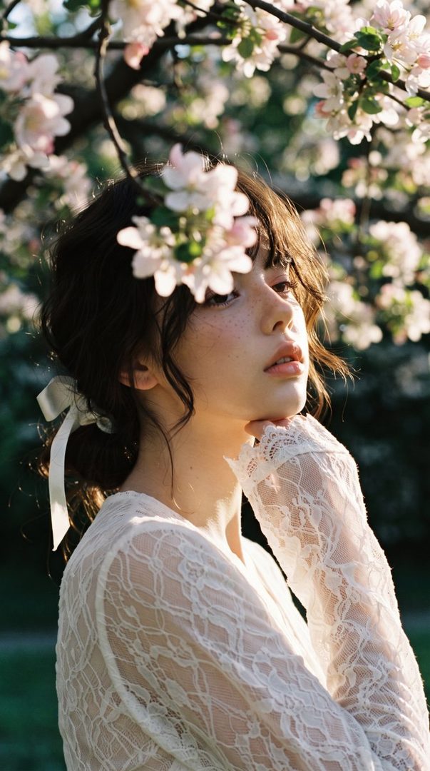 A young woman with dark hair tied back with a ribbon, wearing a white lace blouse, poses outdoors under a blooming tree with soft pink and white flowers.
