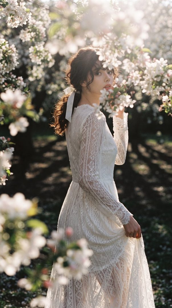 A woman in a white lace dress stands in a blooming orchard, bathed in soft sunlight.