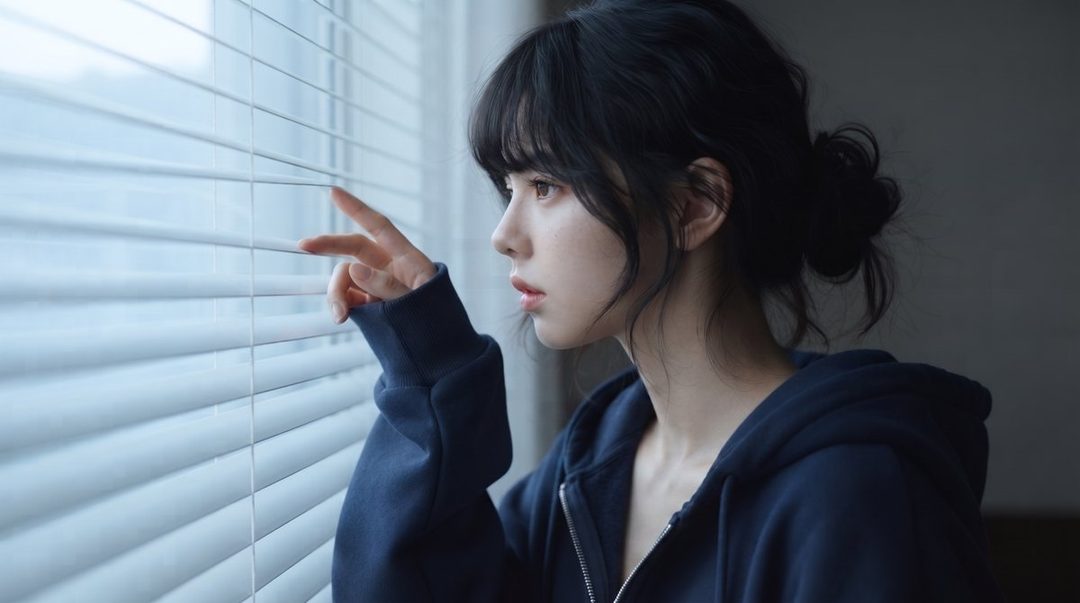 A young woman with dark hair tied up in a bun, wearing a dark blue hoodie, looks out a window through the blinds.