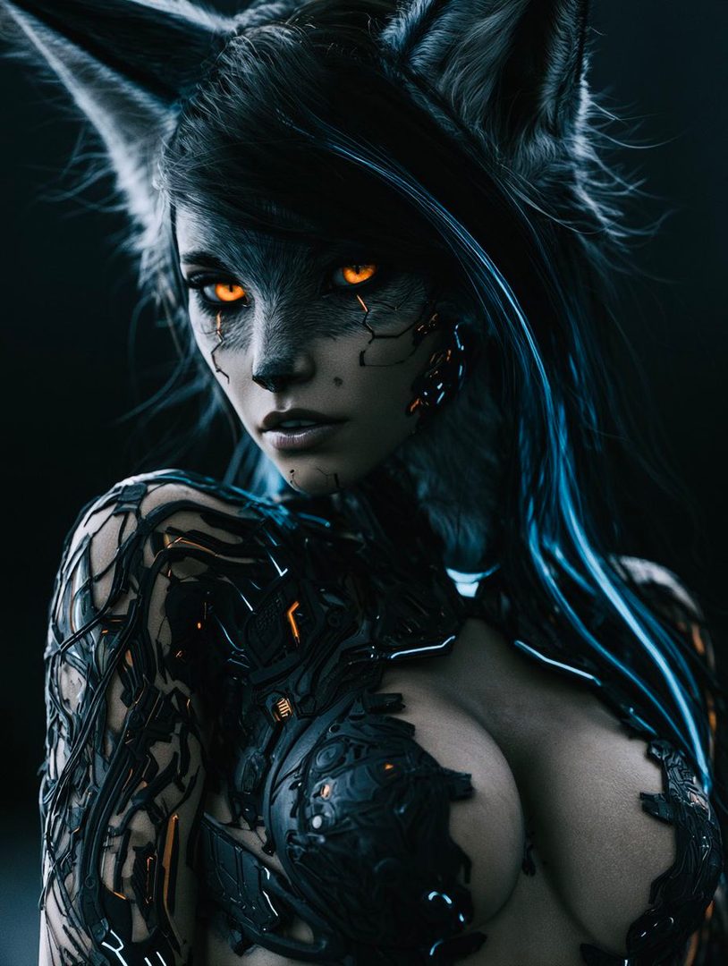 A photorealistic portrait of a woman with fox-like features, glowing orange eyes, and intricate cybernetic armor.