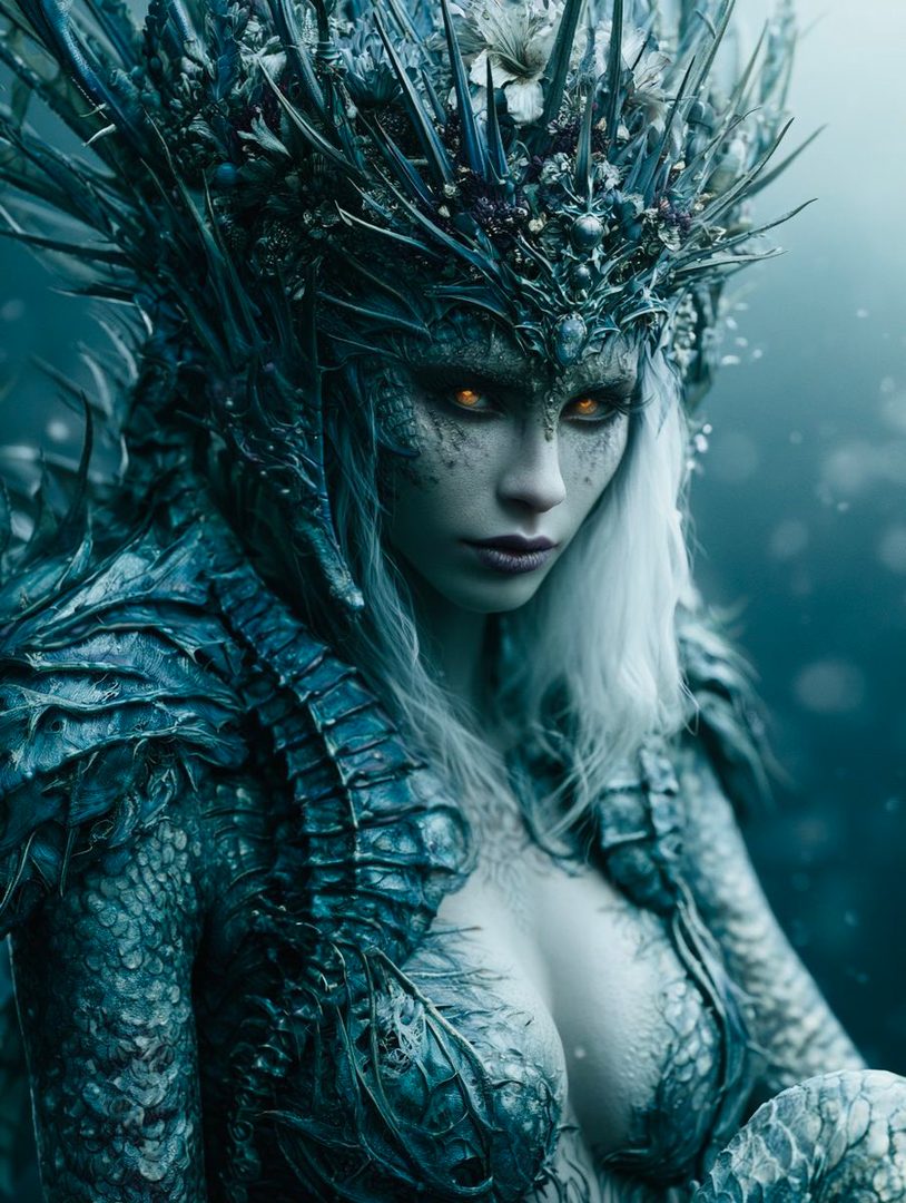 A photorealistic portrait of a fantasy queen with glowing orange eyes and intricate blue armor, with long white hair.