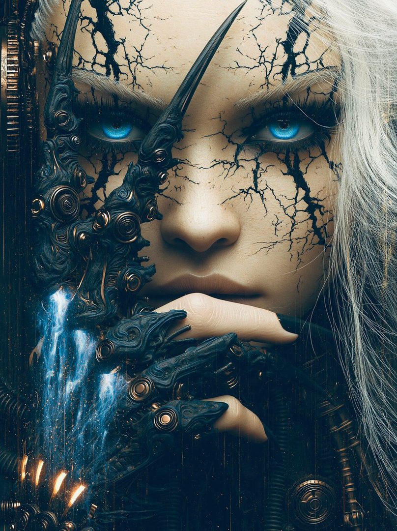 A close-up portrait of a woman with striking blue eyes and cracked skin, adorned with intricate dark mechanical elements.