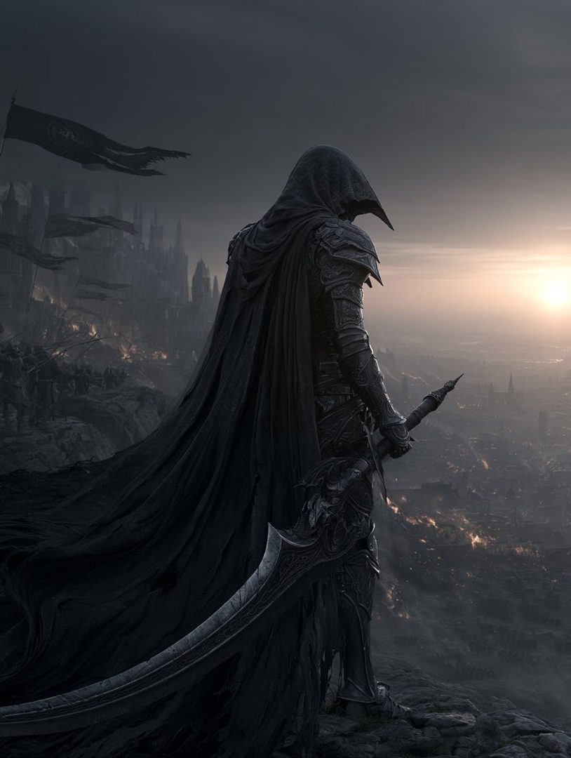 A dark fantasy warrior in a hooded cloak and armor stands on a cliff overlooking a burning city at sunset, holding a sword.