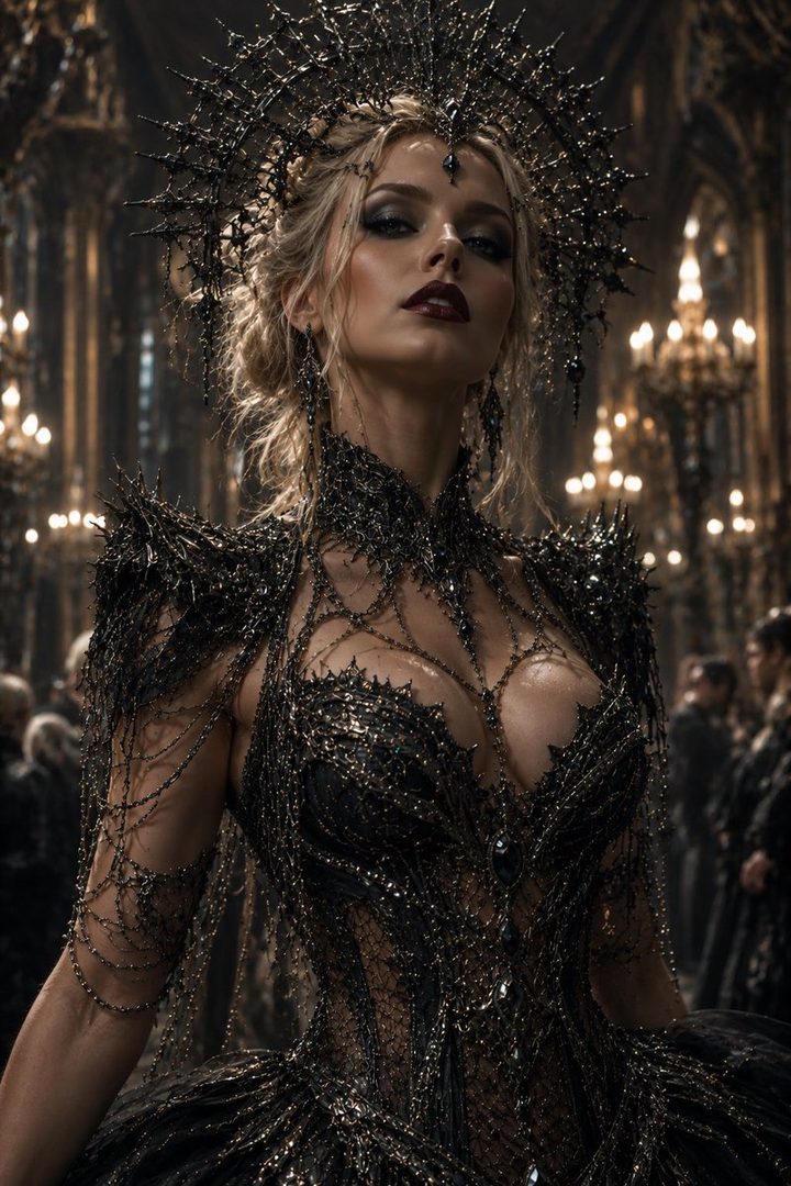 A striking portrait of a woman in a dark, ornate gown and crown, with dramatic makeup and jewelry, set in a grand, dimly lit hall.