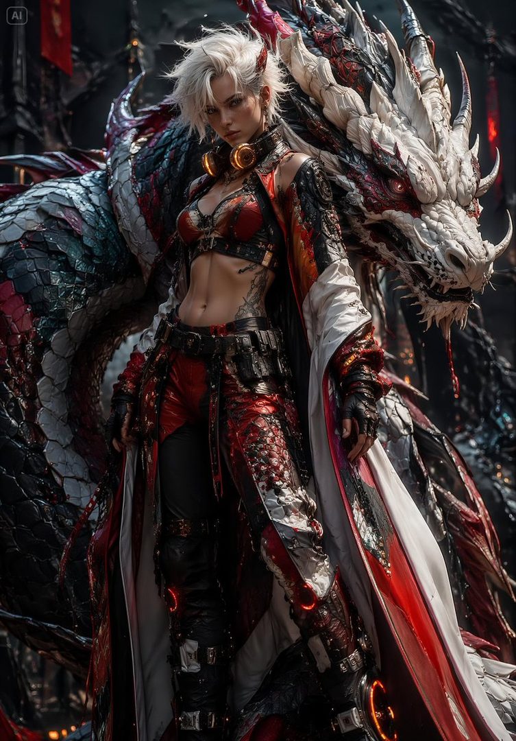 A woman with short white hair and a red and black outfit stands next to a large dragon.