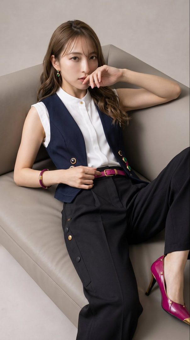 A woman with long brown hair wearing a white blouse, a navy vest, and black pants, posing on a sofa.