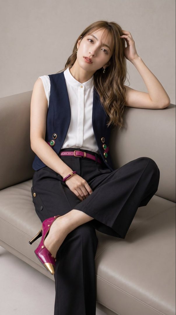 A young East Asian woman with long brown hair, wearing a white collared shirt, a navy vest, black pants, and magenta heels, poses elegantly on a sofa.
