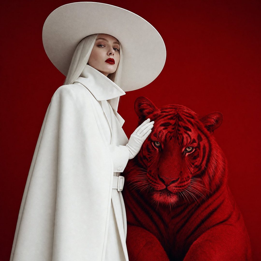 A striking fashion portrait features a woman in a white hat and coat, her hand resting on the head of a vibrant red tiger against a matching red background.