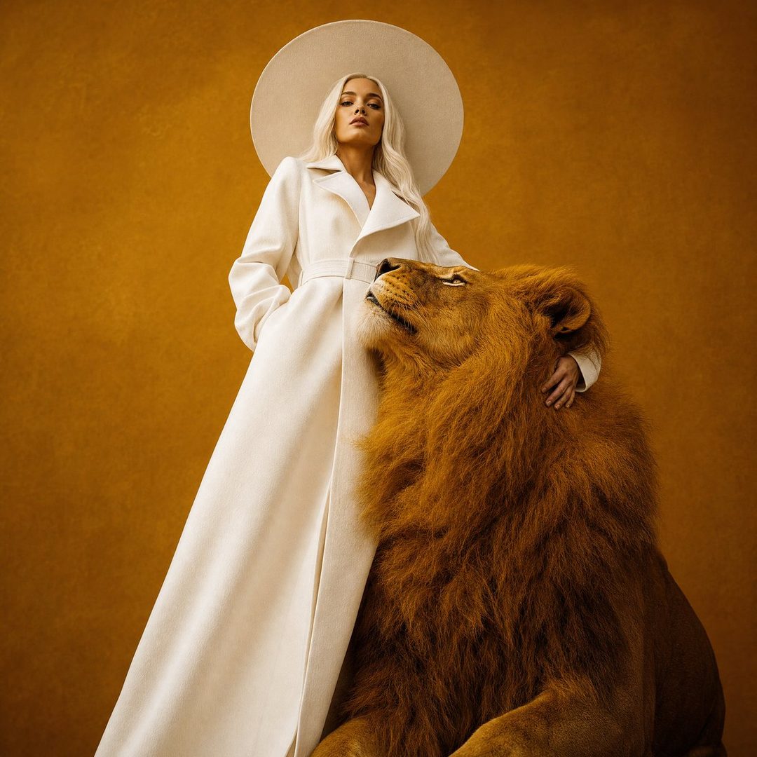 A woman with platinum blonde hair and a white coat stands next to a lion.