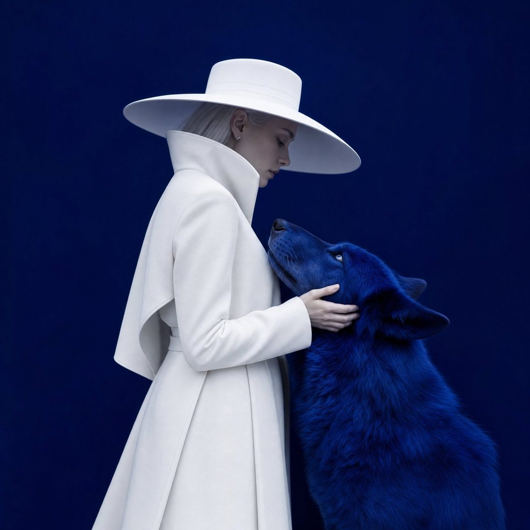 A woman in a white hat and coat stands next to a blue wolf against a dark blue background.