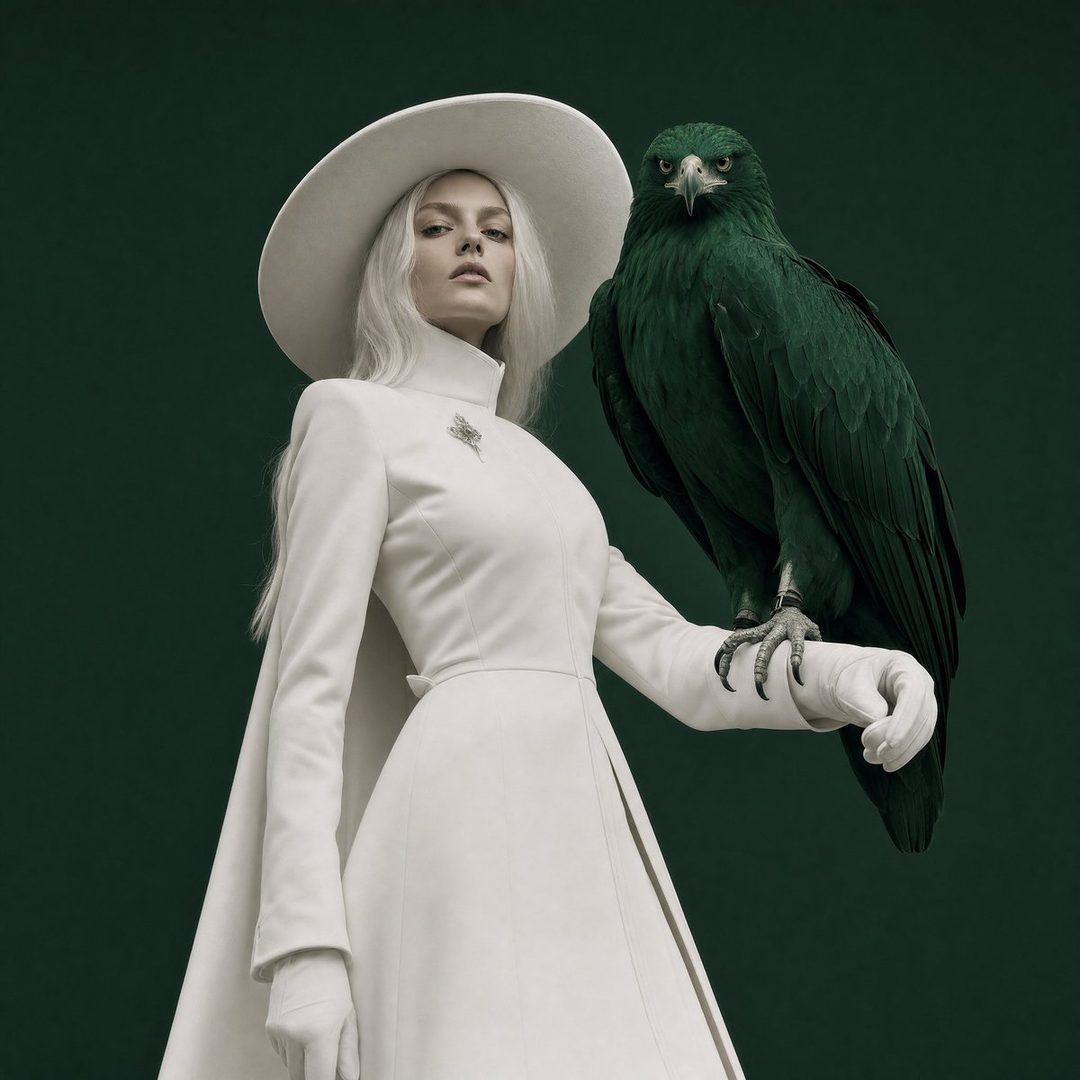 A striking portrait of a woman with platinum blonde hair, wearing a white wide-brim hat and a long white coat, posing with a large green bird perched on her arm against a dark green background.