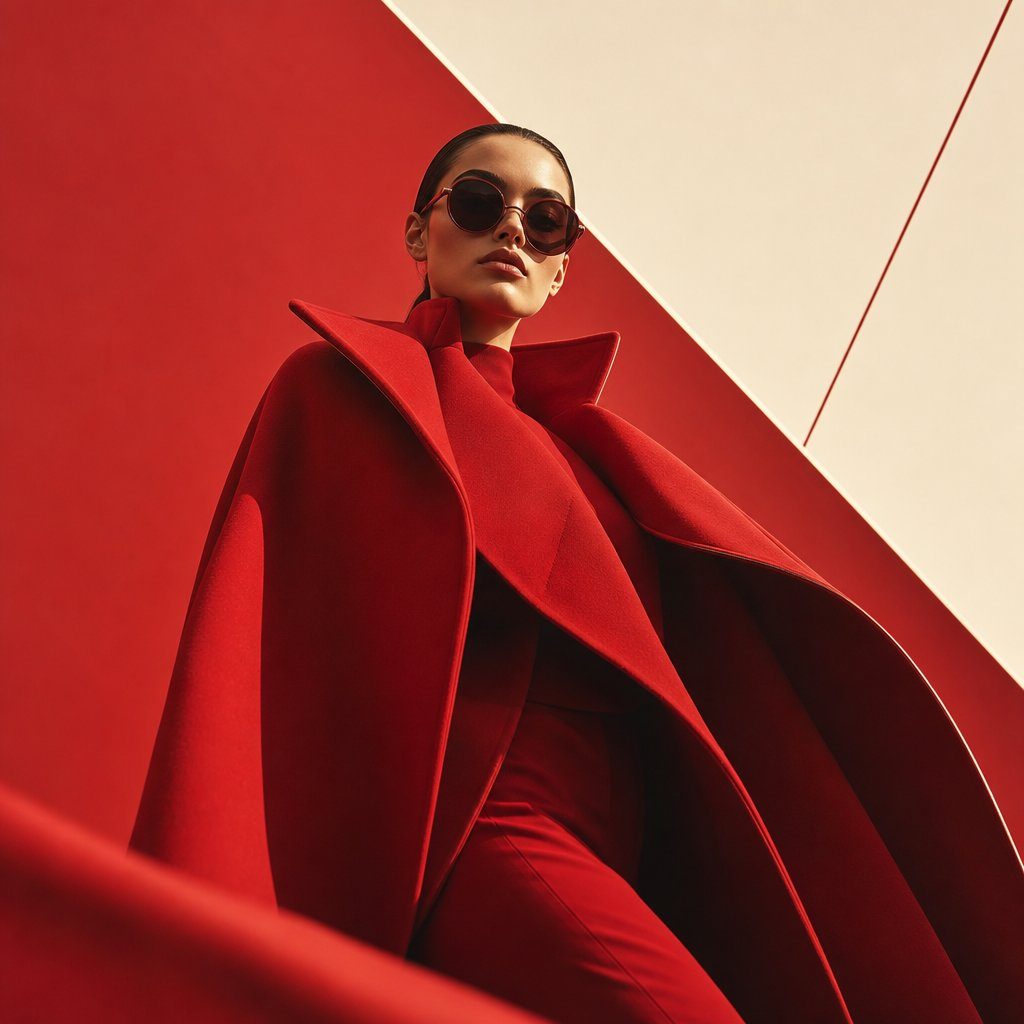 Fashion editorial portrait of a woman in a dramatic red cape coat and sunglasses against a geometric red and cream background.