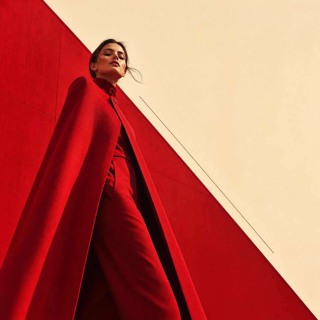 A woman in a dramatic red cape coat stands against a bold red and cream geometric background.