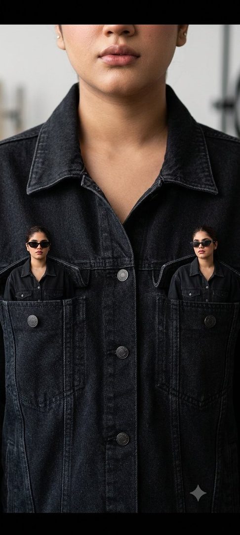 A woman in a black denim jacket with two miniature versions of herself wearing sunglasses emerging from the jacket pockets.