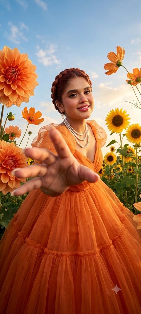 A woman in an orange gown with braided red hair reaches out to the camera in a magical garden filled with giant flowers under a blue sky.