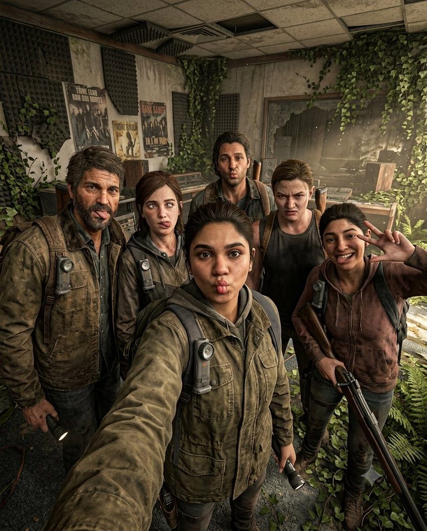 A group of six people, including a woman in the foreground making a duck face, take a selfie in a post-apocalyptic recording studio with overgrown plants and broken equipment.