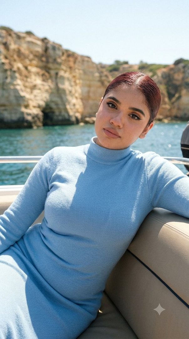 A young woman with reddish-brown hair pulled back, wearing a light blue turtleneck dress, sits on a boat with cliffs and the sea in the background.
