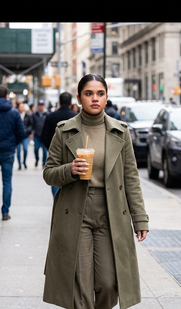 A woman in a green trench coat and turtleneck walks down a busy city street holding an iced coffee.