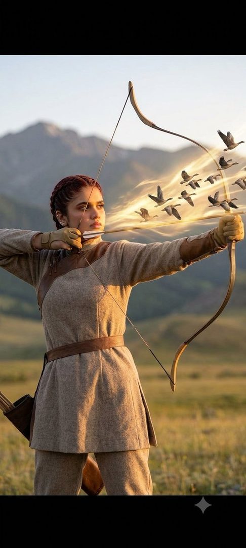 A woman archer in traditional-modern fusion attire aims her bow, with a flock of geese appearing to fly from the arrow, set against a mountainous golden hour landscape.