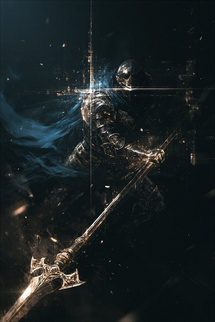 A knight in dark, ornate armor holding a spear, with a blue cape flowing behind them, set against a dark, abstract background with glowing particles.