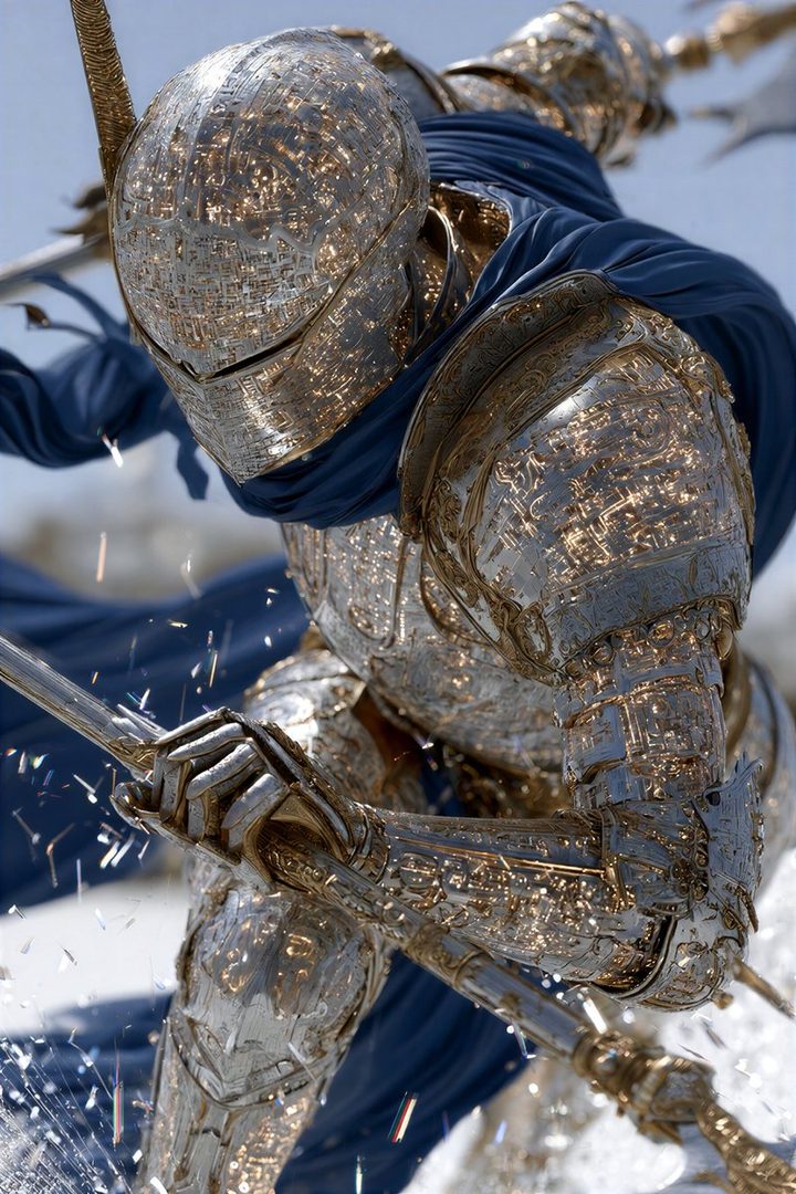 A knight in ornate, futuristic silver and gold armor, holding a spear, with a blue cape flowing.