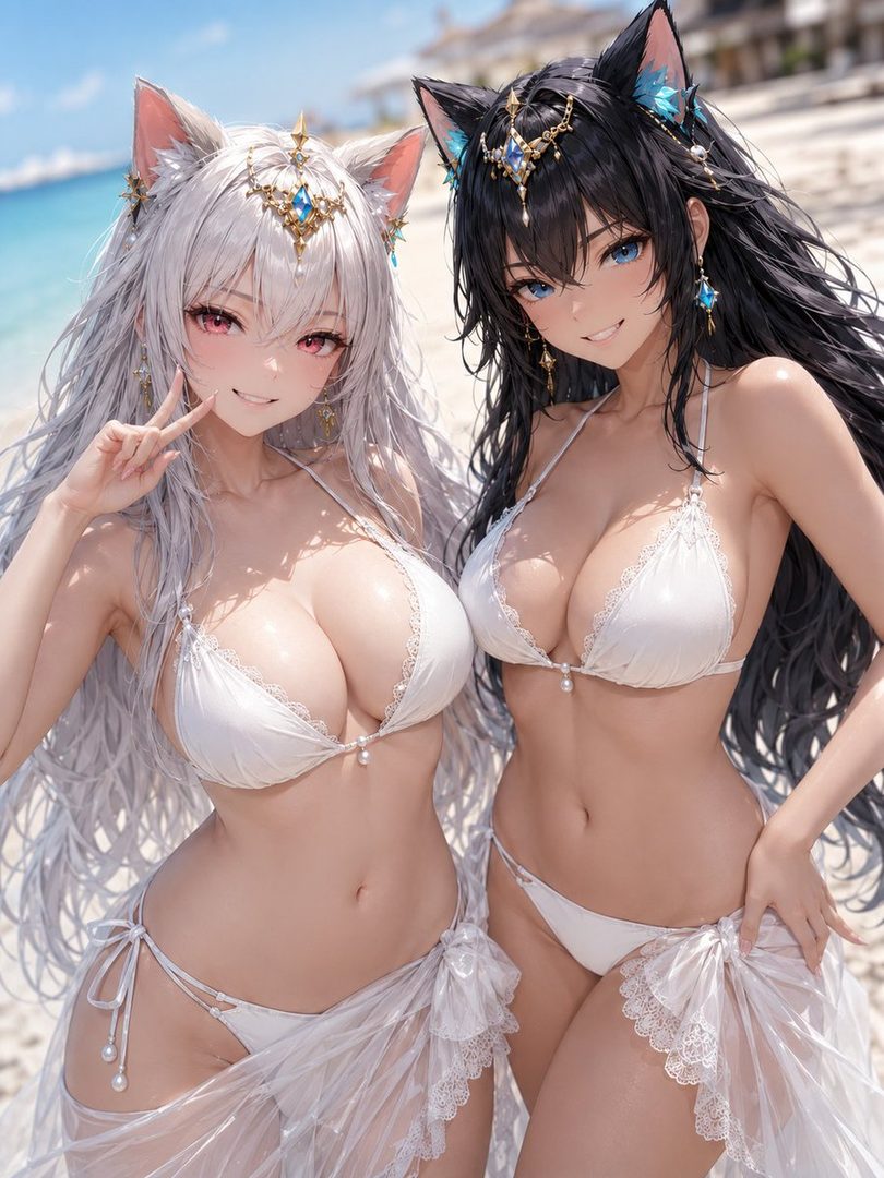 Two AI-generated anime-style women with cat ears wearing white bikinis and sheer skirts on a beach.