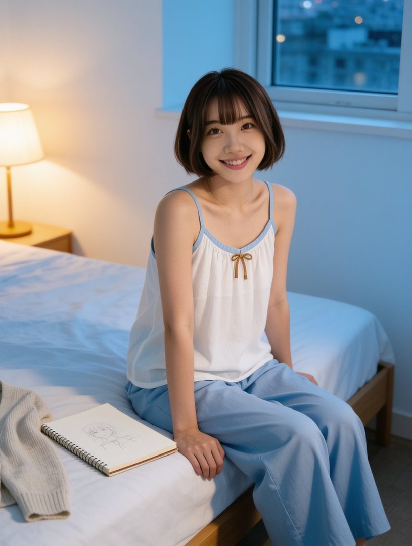 A young East Asian woman with short black hair and bangs, wearing a white camisole and blue pajama pants, sits on a bed in a bedroom at night, smiling gently.
