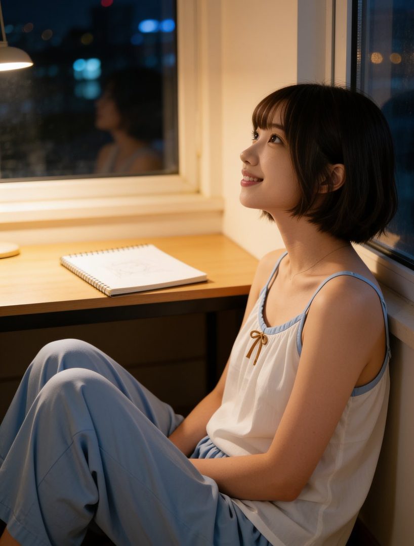 A young woman with short black hair sits by a window at night, looking up and smiling thoughtfully, wearing pajamas.