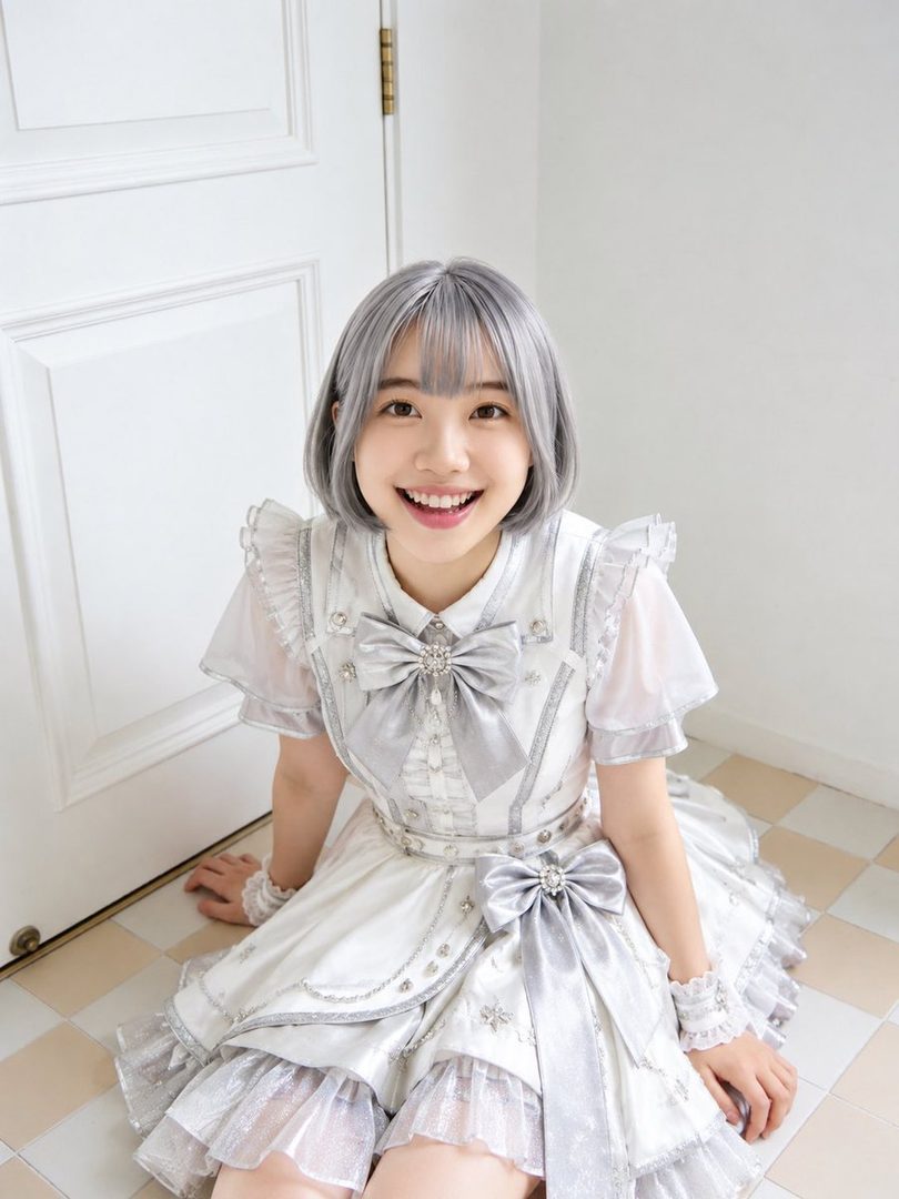 A young East Asian woman with short silver hair and bangs, wearing a white and silver frilly dress, smiles brightly while sitting indoors.
