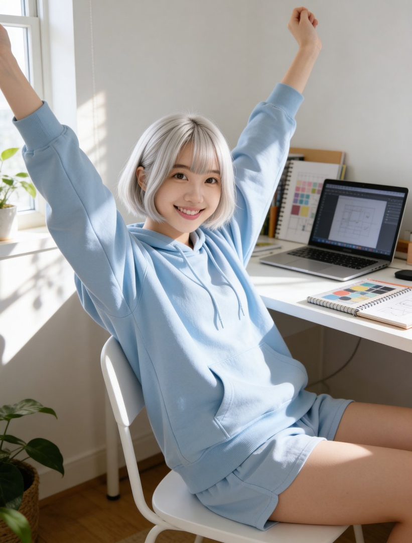 A young East Asian woman with short silver hair and bangs, wearing a light blue hoodie and shorts, sits at a desk with her arms raised in excitement, smiling brightly.