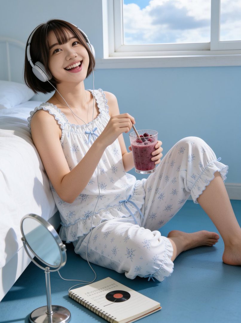 A young woman with short black hair wearing headphones and pajamas, smiling while holding a smoothie and sitting on the floor next to a bed.
