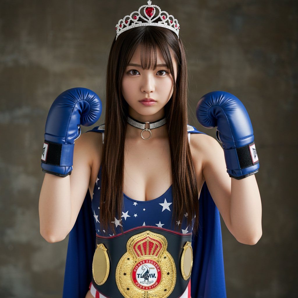 A young woman wearing a crown, boxing gloves, and a championship belt poses in a studio setting.