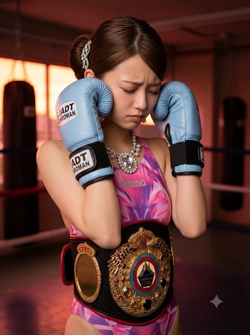 A young woman in boxing gloves and a championship belt poses in a boxing ring.