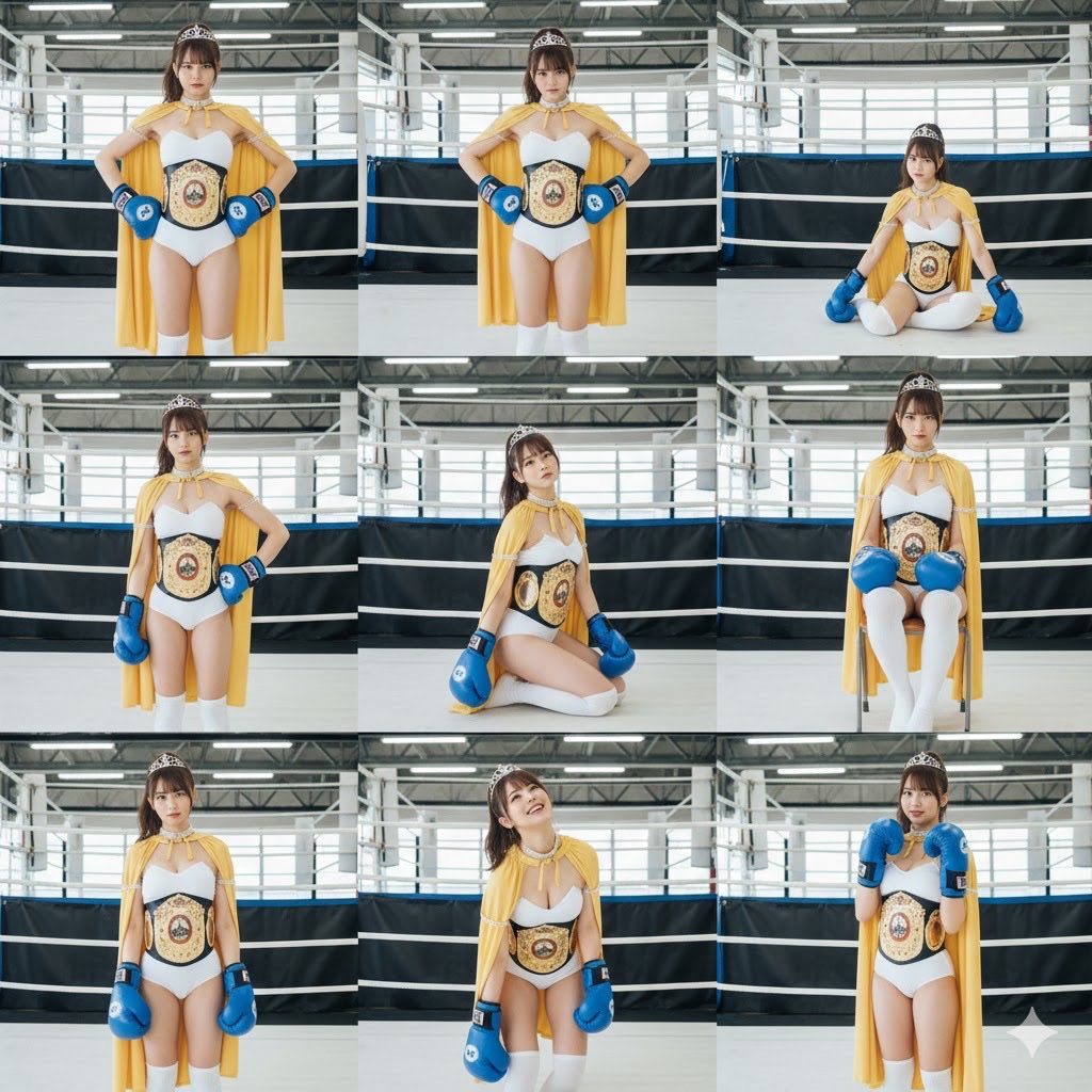 A young woman in a white leotard, yellow cape, boxing gloves, and a championship belt poses in a boxing ring.