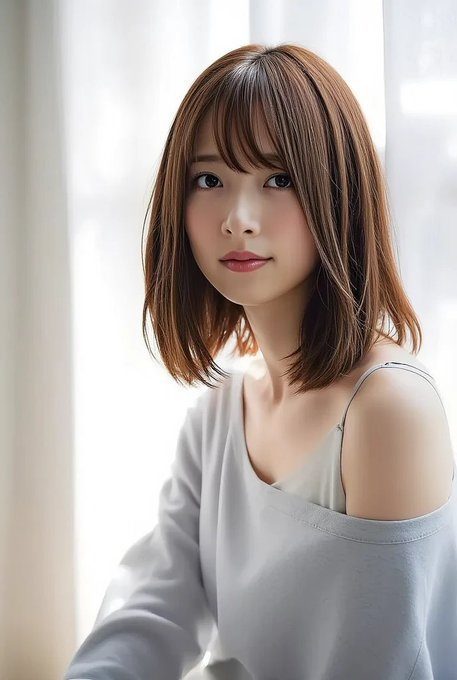 A beautiful young East Asian woman with shoulder-length brown hair and bangs, wearing a light grey off-the-shoulder top, looking directly at the camera with a gentle expression.