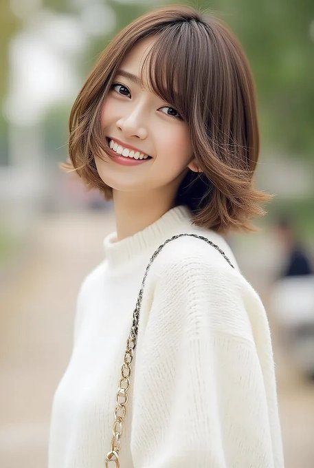 A young East Asian woman with a bob haircut smiles warmly, wearing a white sweater and a chain strap bag.