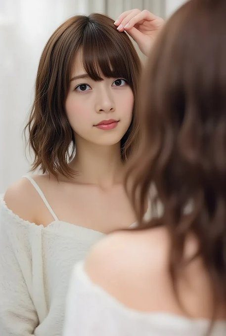 A young East Asian woman with short brown hair and bangs, wearing a white off-the-shoulder top, looks into a mirror, touching her hair.