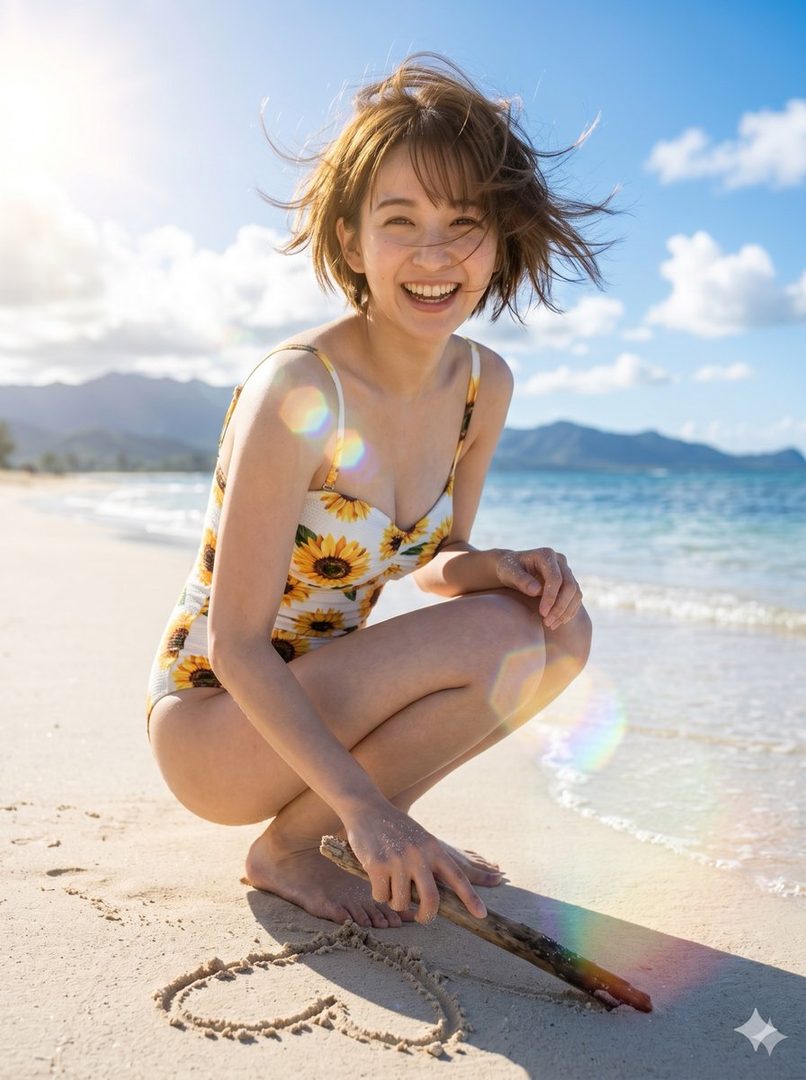 A young woman in a sunflower-patterned swimsuit crouches on a sunny beach, drawing a heart in the sand with a stick.