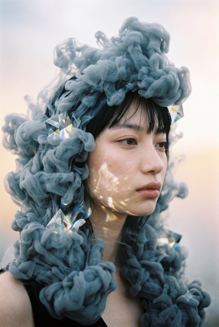 A portrait of an East Asian woman with dark hair, adorned with a dramatic headpiece resembling smoke and crystals, against a soft, hazy sky.