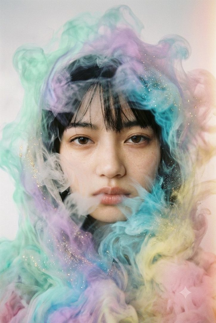 A close-up portrait of a young East Asian woman with bangs, surrounded by colorful, swirling smoke and glitter.