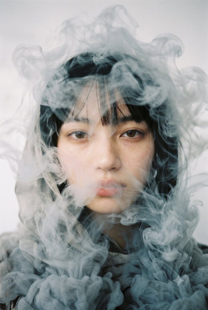 A close-up portrait of a young East Asian woman with black hair and bangs, surrounded by swirling smoke, looking directly at the camera.