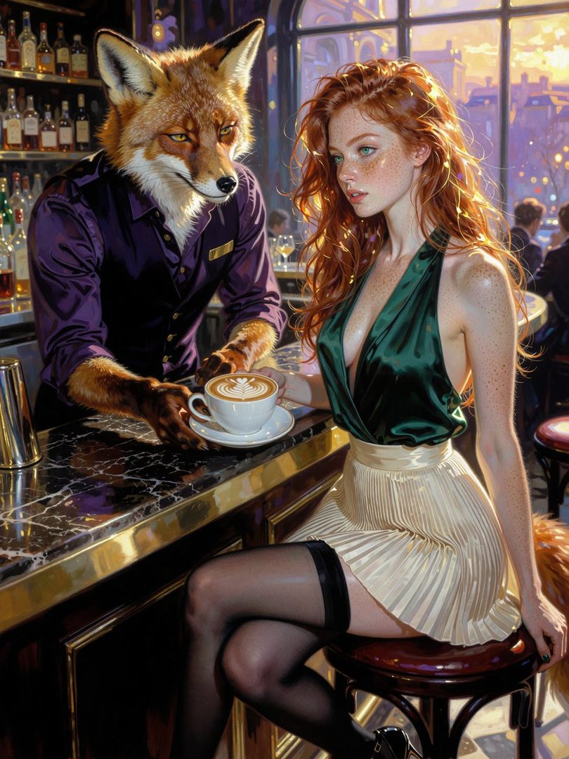 A photorealistic AI-generated image of a red-haired woman with freckles sitting at a bar, receiving a coffee from a anthropomorphic fox bartender.
