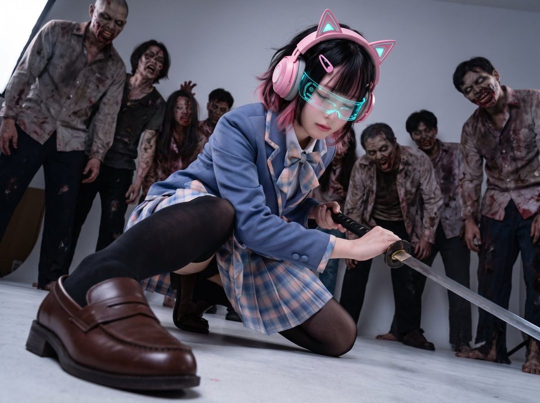 A young woman in a school uniform and cat-ear headphones holds a sword, surrounded by zombies.