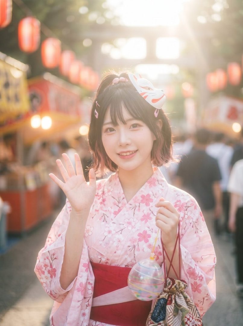 A young Japanese woman in a pink floral yukata and a Kitsune mask accessory waves hello at a summer festival.