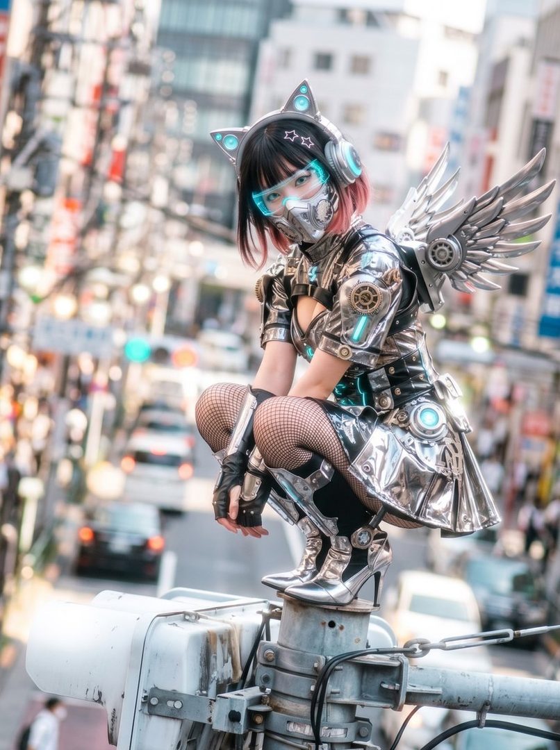 A person in a futuristic, metallic outfit with cat ears and wings crouches on a traffic light pole in a city street.