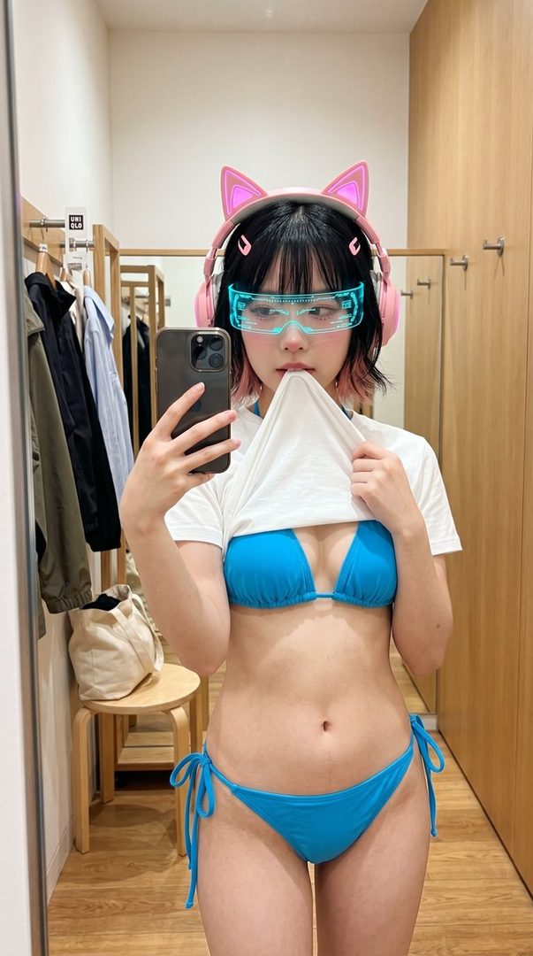 A young woman in a blue bikini and a white t-shirt pulled up, wearing pink cat-ear headphones and futuristic glasses, takes a selfie in a fitting room.