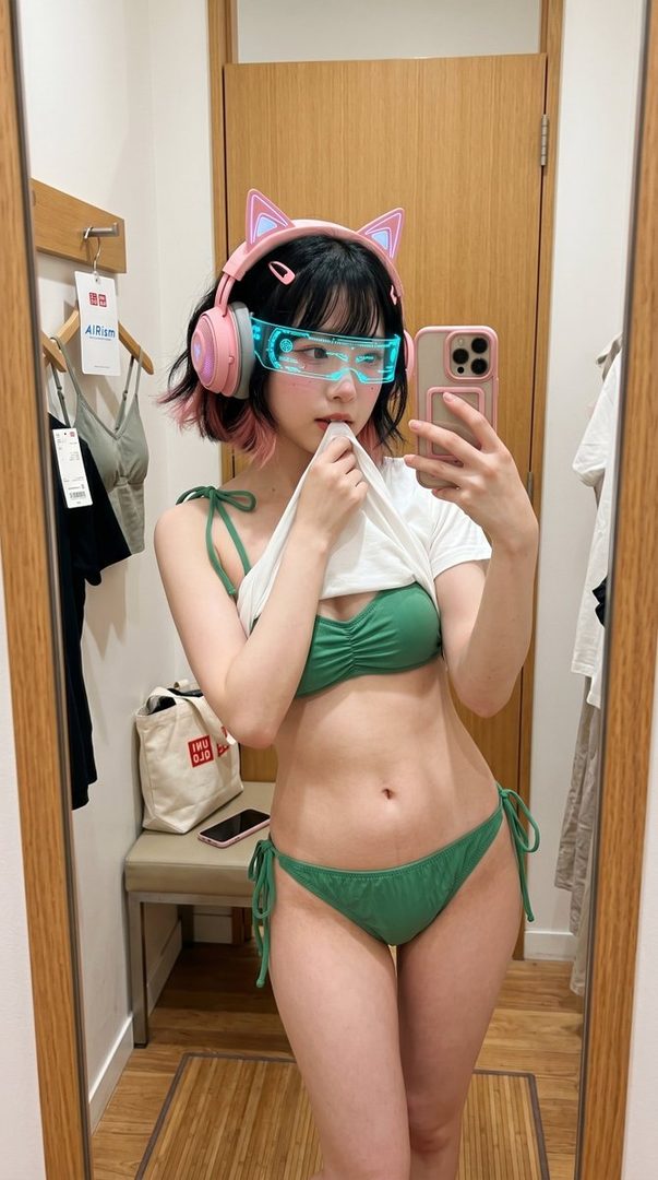A young woman with pink-tipped black hair, wearing cat-ear headphones and futuristic goggles, poses in a green bikini in a fitting room, holding up her white t-shirt.