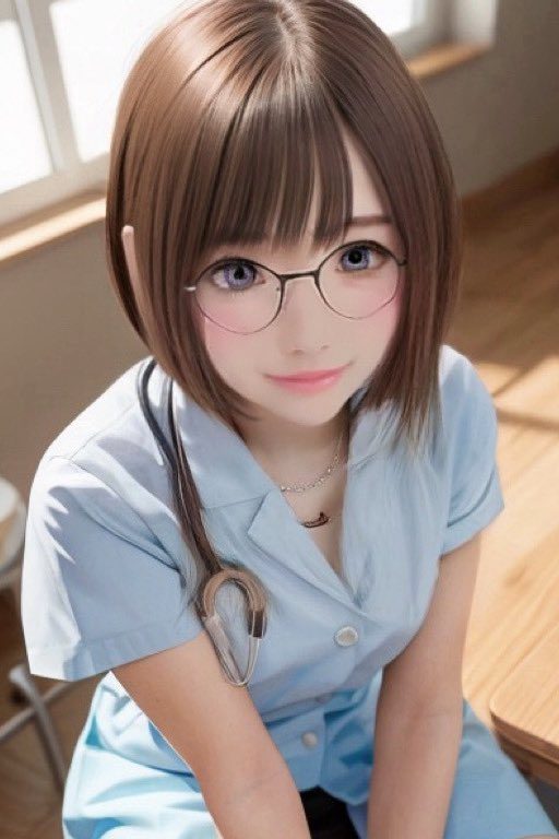 A young woman with short brown hair, glasses, and a light blue nurse uniform, wearing a stethoscope around her neck, smiles gently.