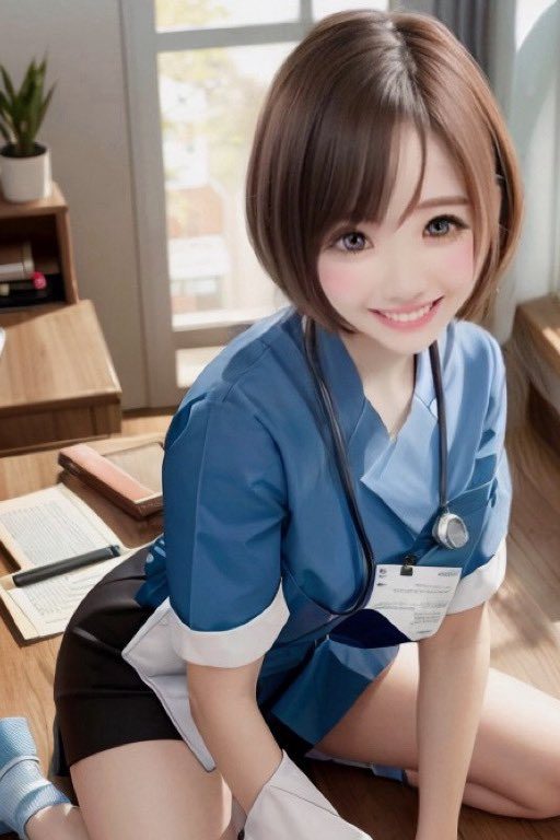 A young woman in a blue nurse uniform with a stethoscope around her neck smiles brightly while kneeling indoors.